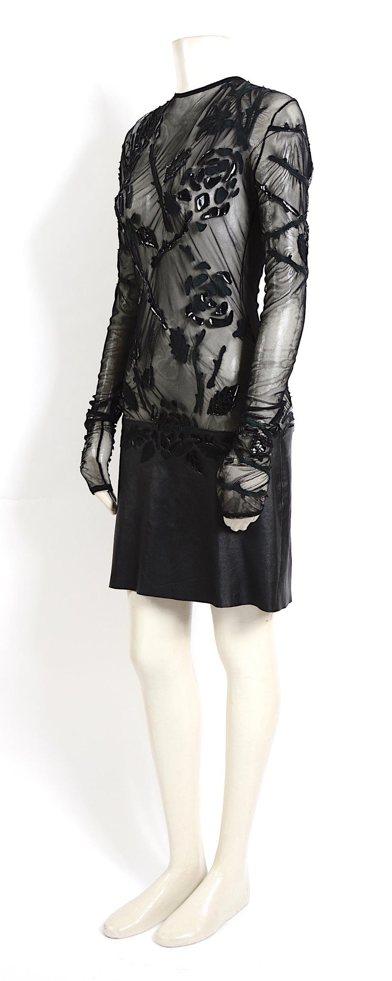 Vintage Gianni Versace 90s black bodice sheer net embellished with leather  dress For Sale at 1stDibs | 90s versace dress