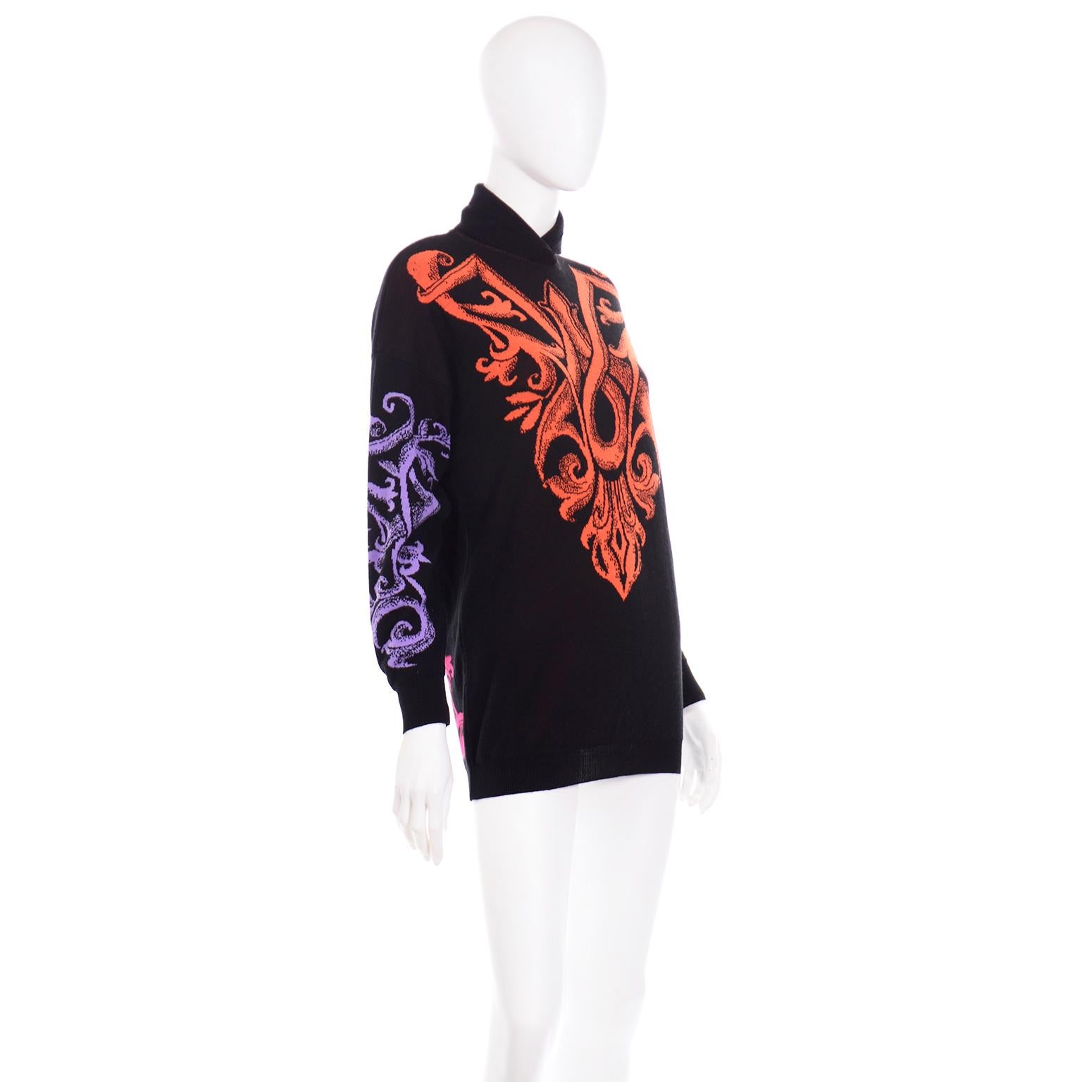 Black Vintage Gianni Versace Abstract Baroque Print Wool Pullover Sweater For Sale