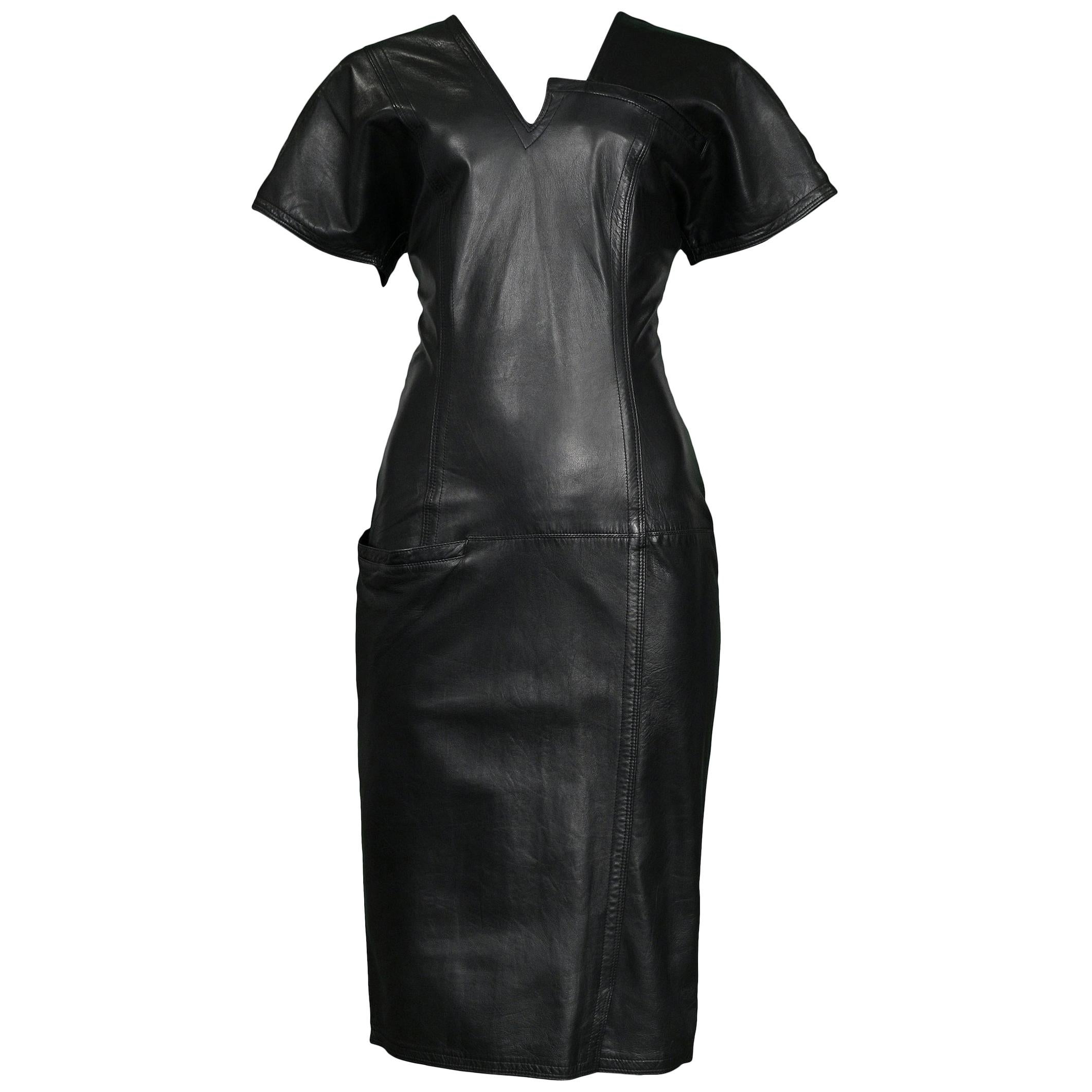 Vintage Gianni Versace Black Leather Architectural Dress For Sale