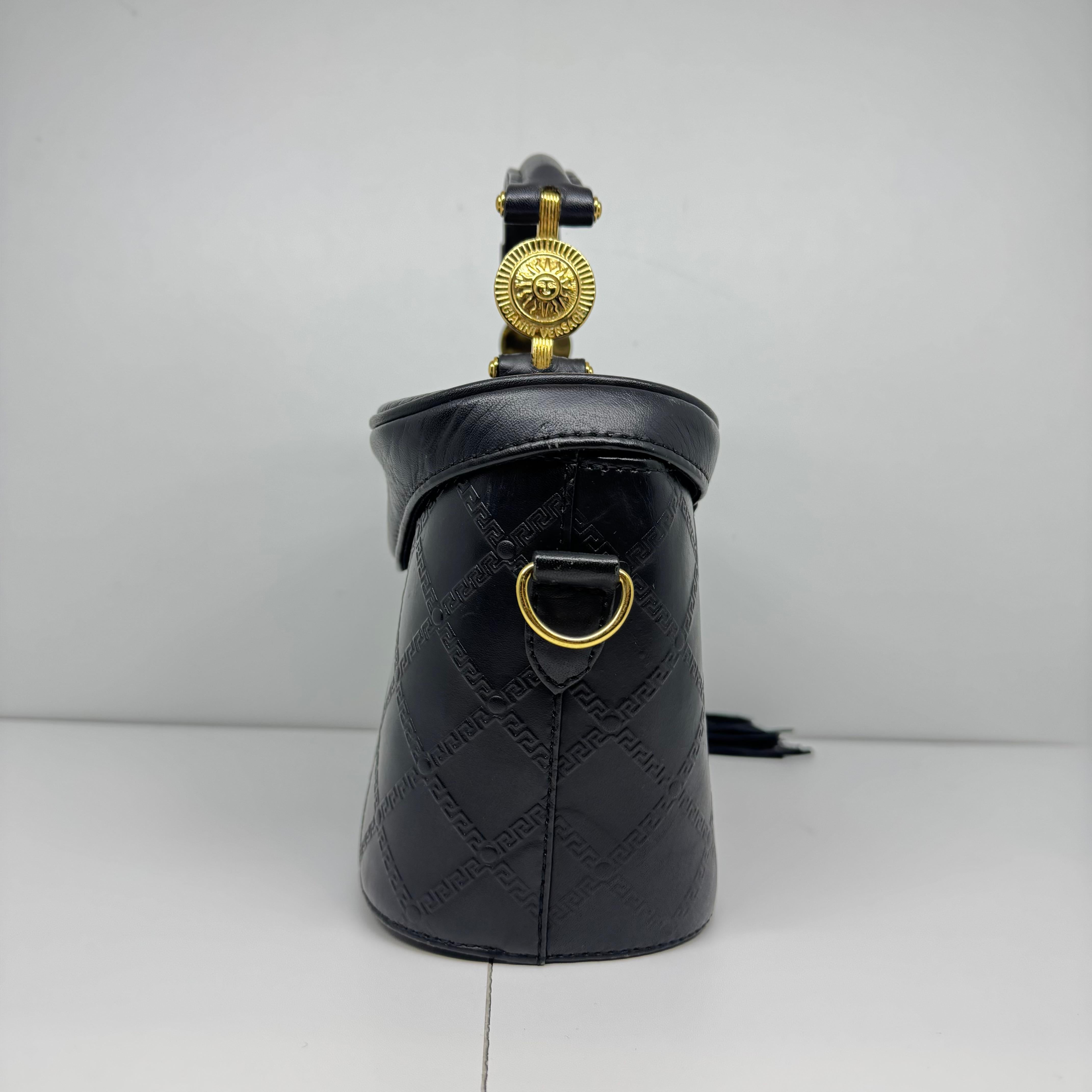 Vintage Gianni Versace Black Leather Embossed Vanity Shoulder Bag For Sale 7