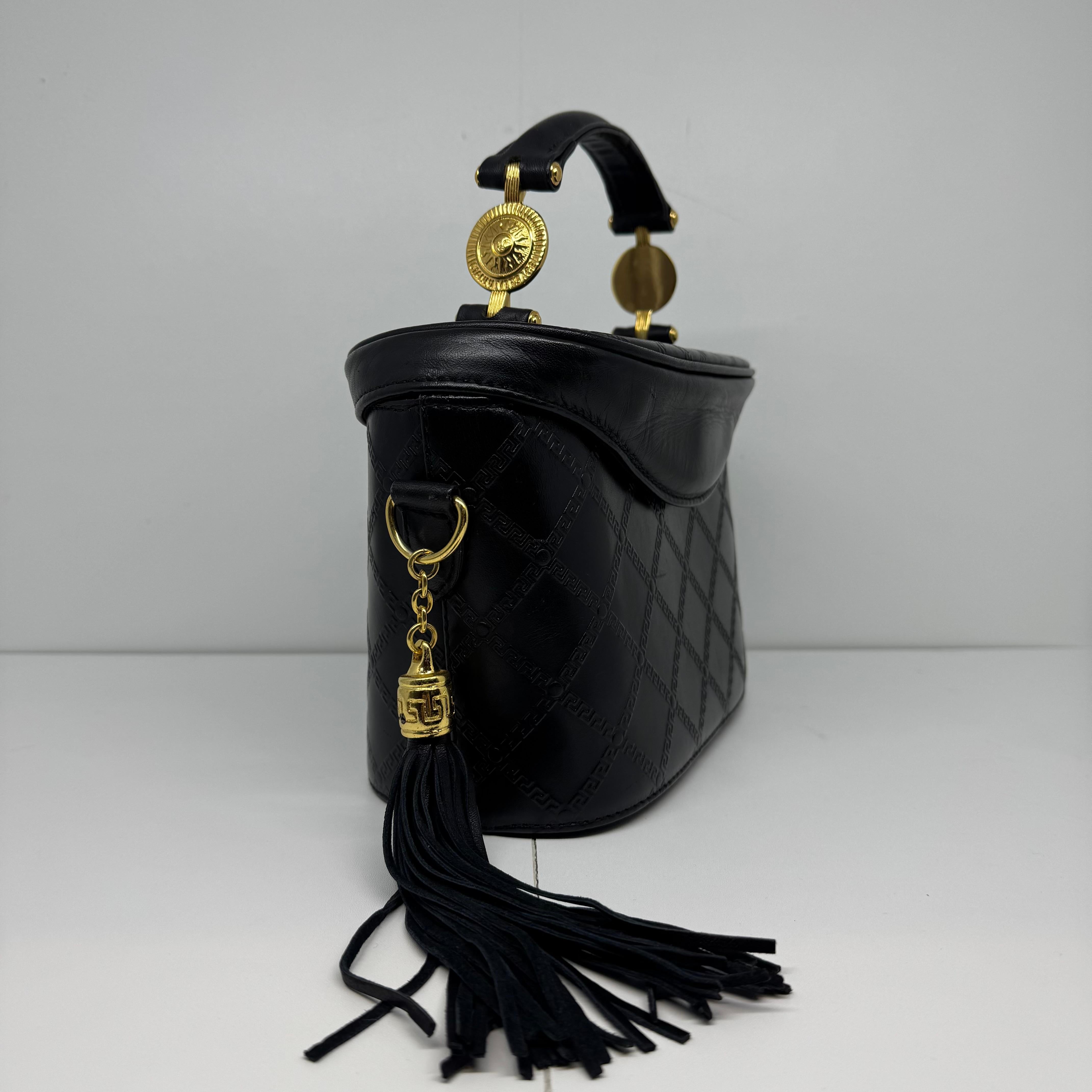 Vintage Gianni Versace Black Leather Embossed Vanity Shoulder Bag For Sale 8