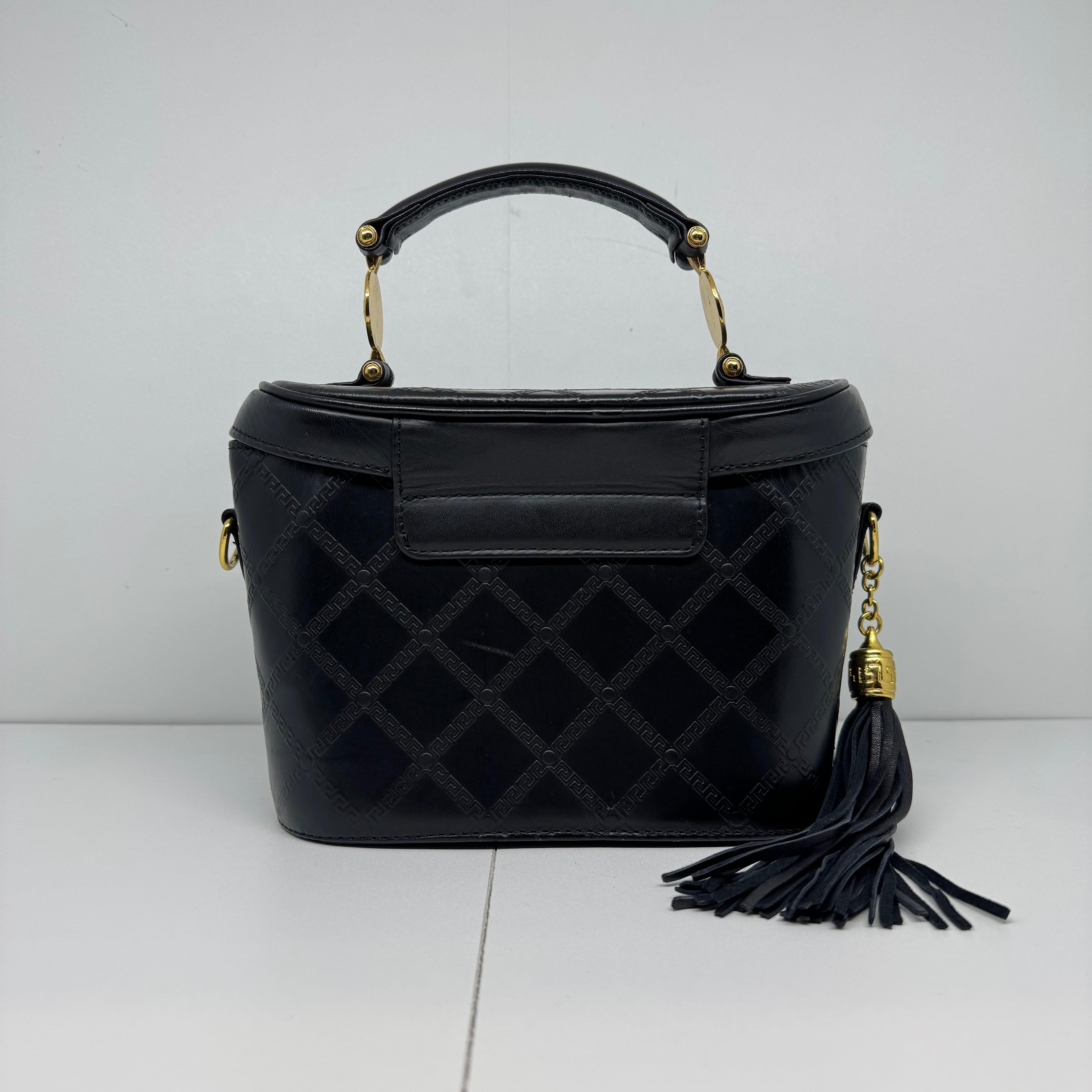 Vintage Gianni Versace Black Leather Embossed Vanity Shoulder Bag For Sale 9