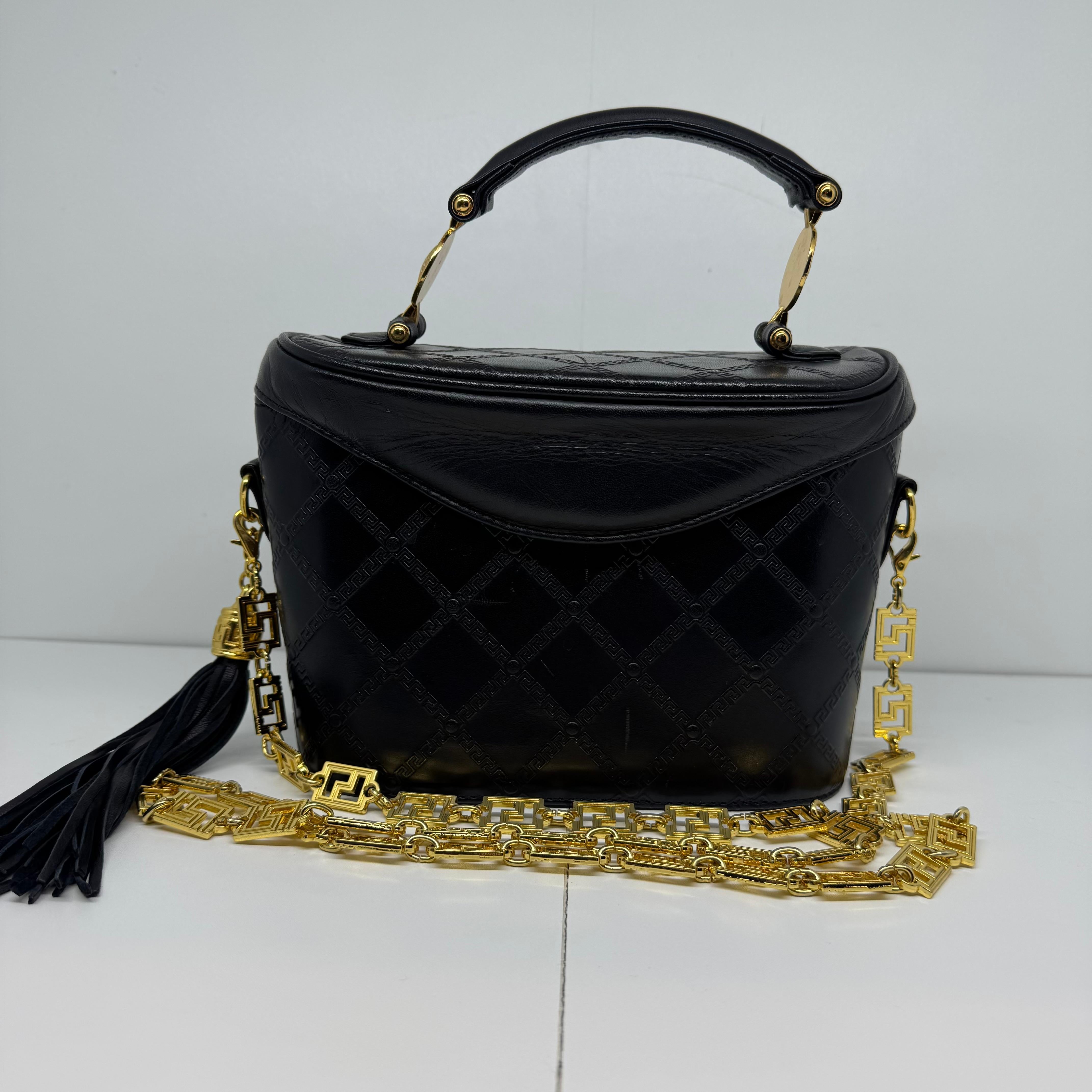 Women's Vintage Gianni Versace Black Leather Embossed Vanity Shoulder Bag For Sale