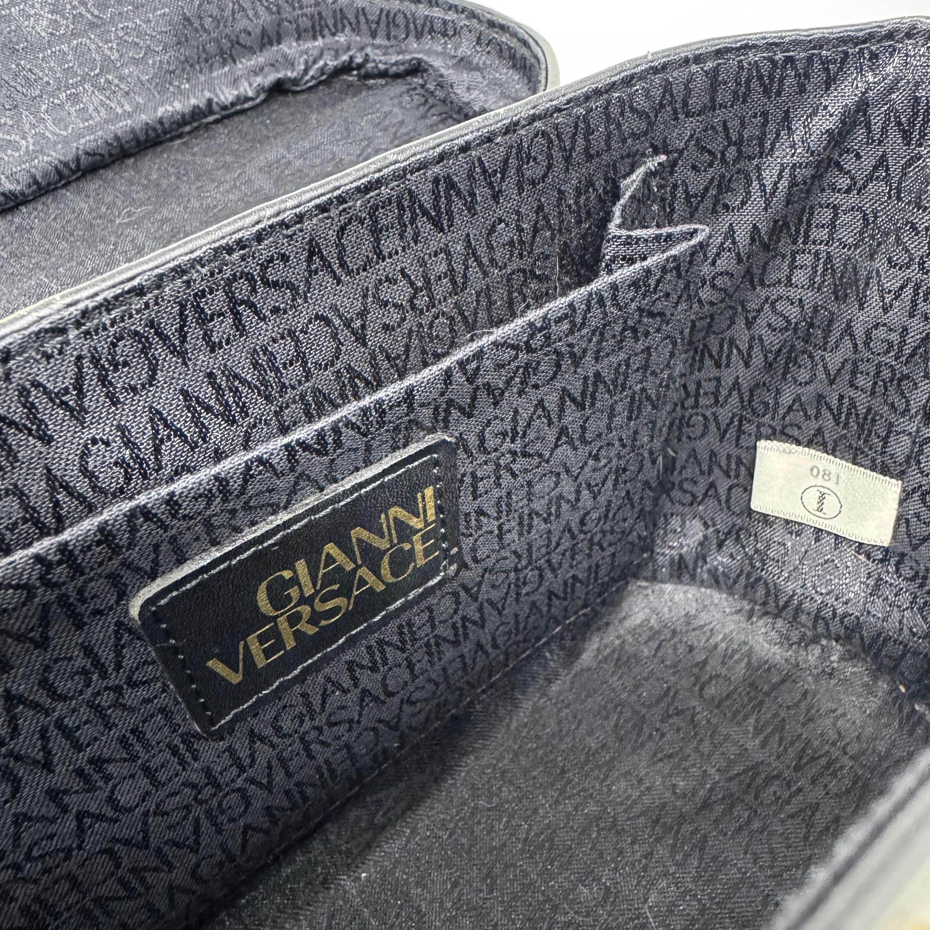 Vintage Gianni Versace Black Leather Embossed Vanity Shoulder Bag For Sale 1