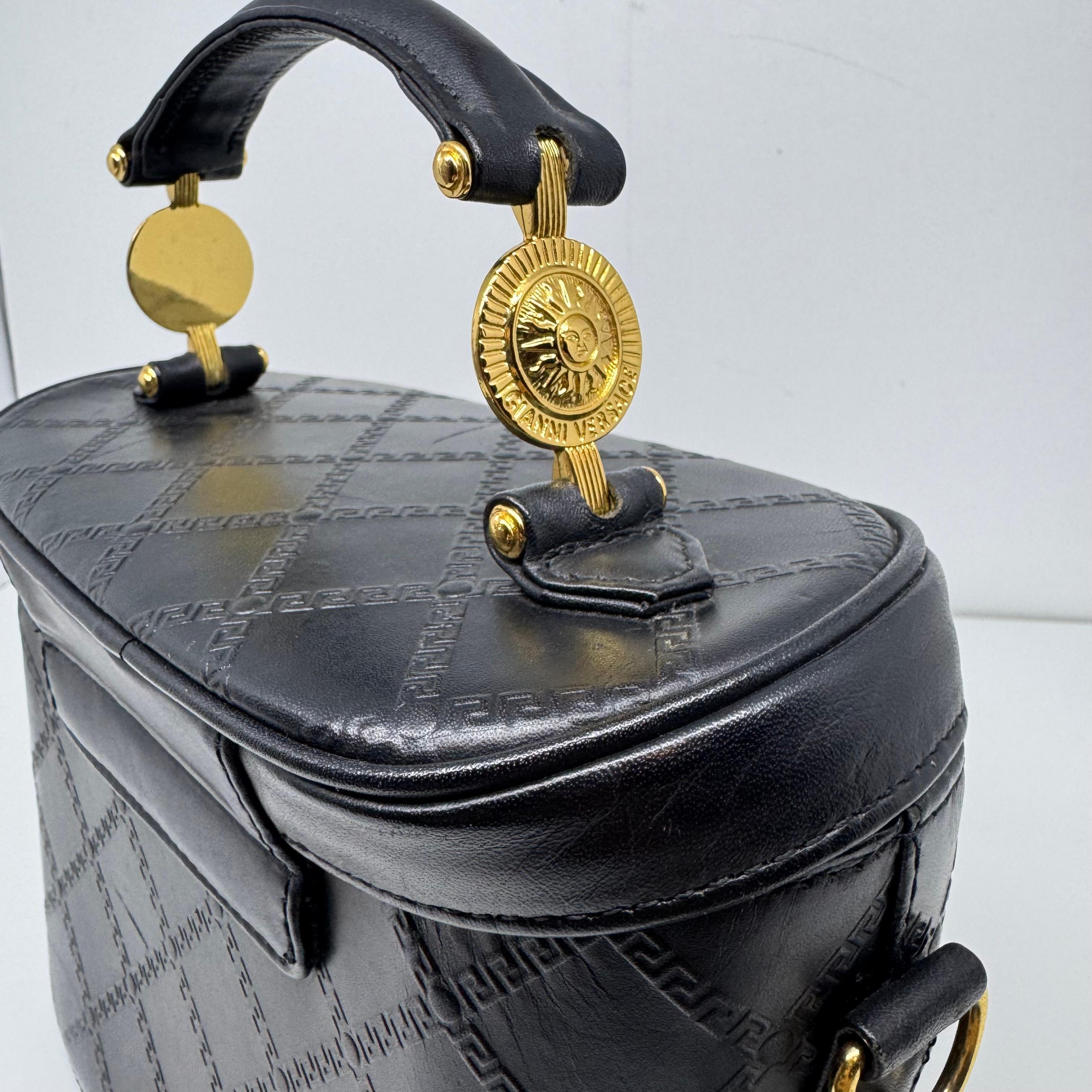 Vintage Gianni Versace Black Leather Embossed Vanity Shoulder Bag For Sale 3