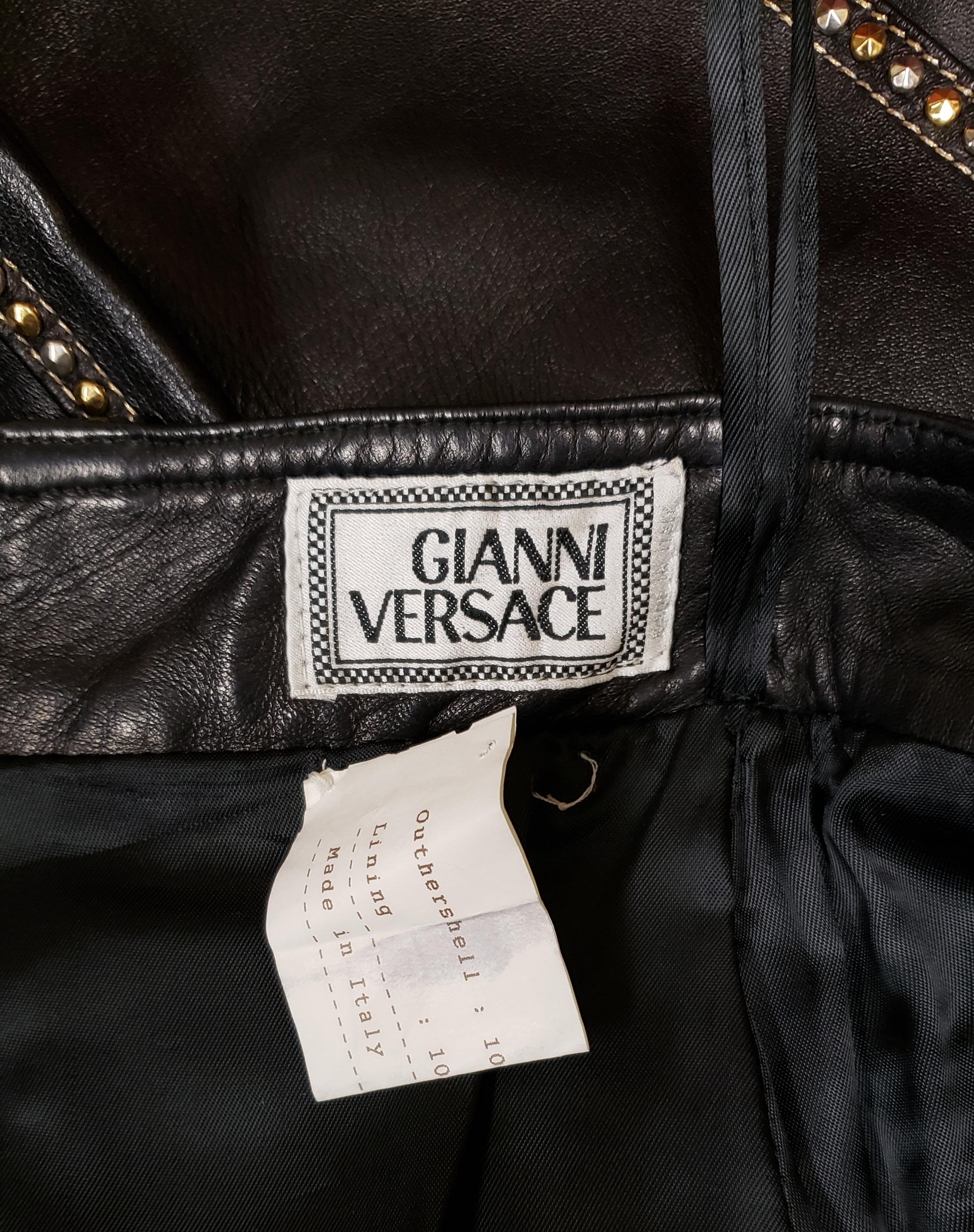 VINTAGE GIANNI VERSACE BLACK LEATHER SKIRT with GOLD & SILVER TONE STUDS 38 - 2 In New Condition In Montgomery, TX