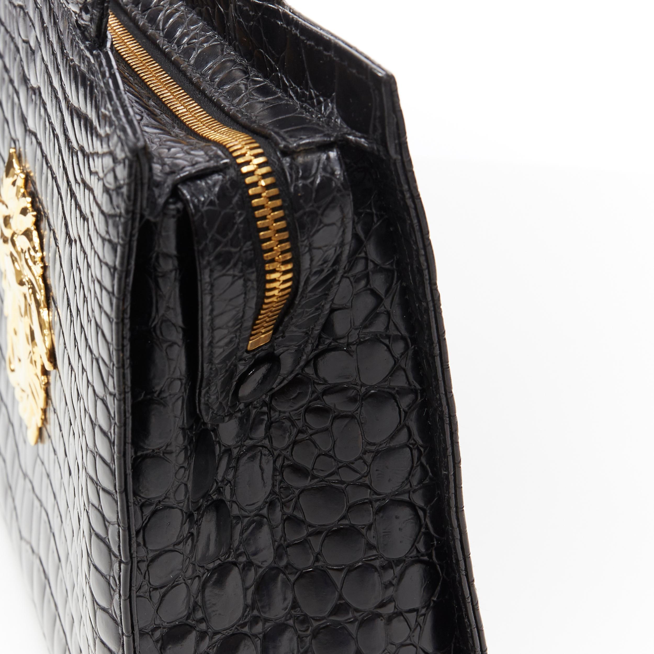 vintage GIANNI VERSACE black mock croc gold Medusa Greca long shoulder strap bag 2