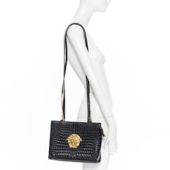vintage GIANNI VERSACE black mock croc gold Medusa Greca long shoulder strap bag
