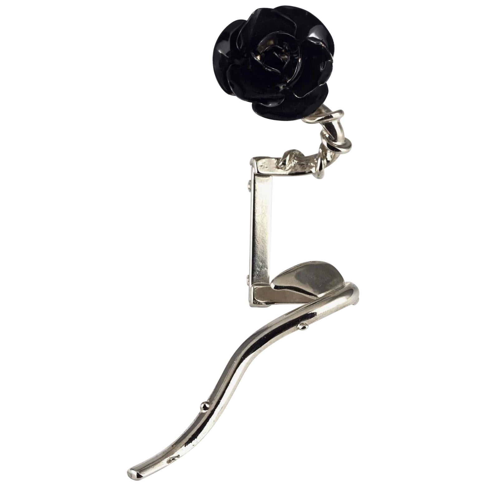 Vintage GIANNI VERSACE Black Rose Modernist Silver Brooch