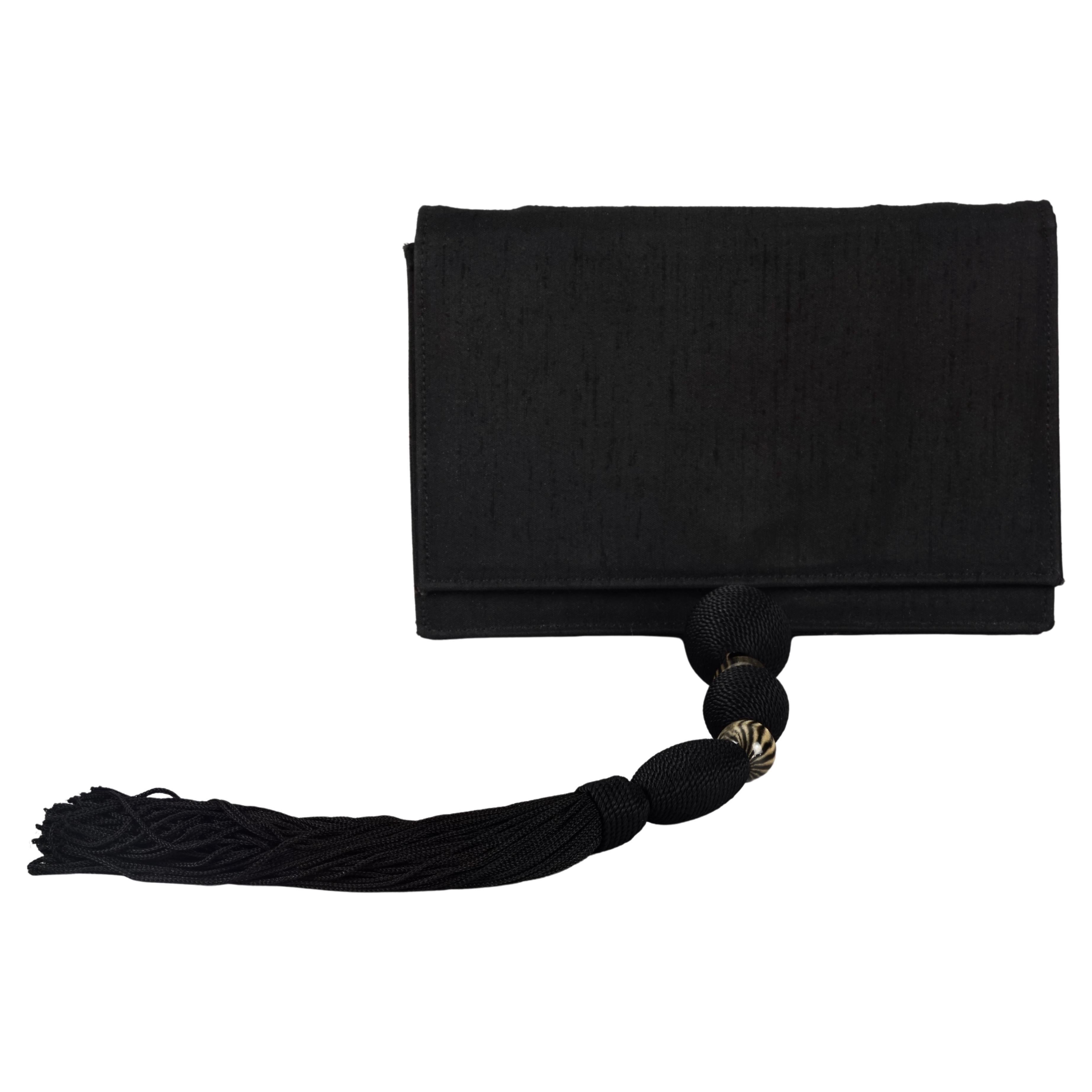 Vintage GIANNI VERSACE COUTURE Black Raw Silk Passementerie Tassel Clutch Bag