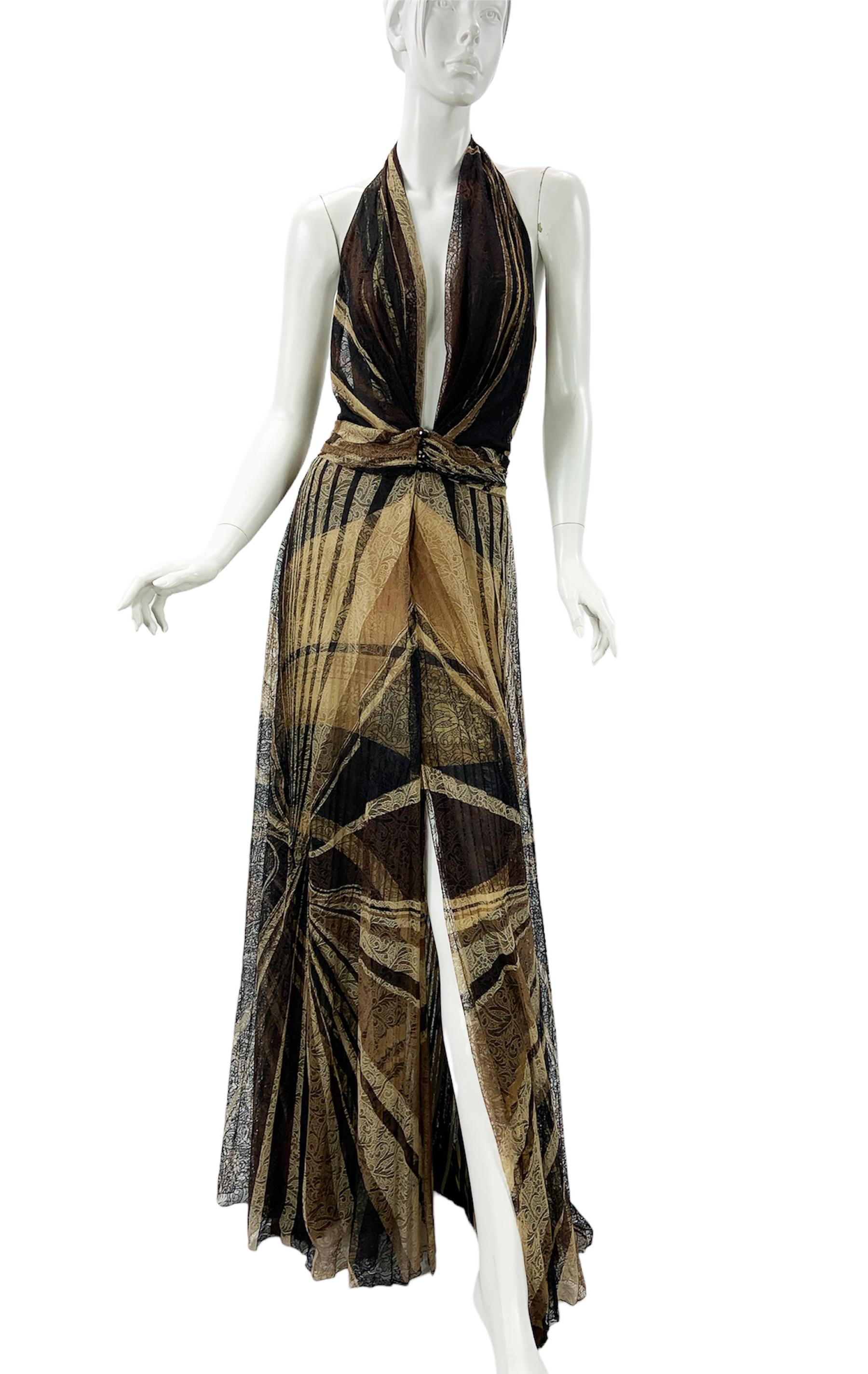 Black Vintage Gianni Versace Couture FW 2000 AD Campaign Lace Plunging Dress Gown 40 For Sale