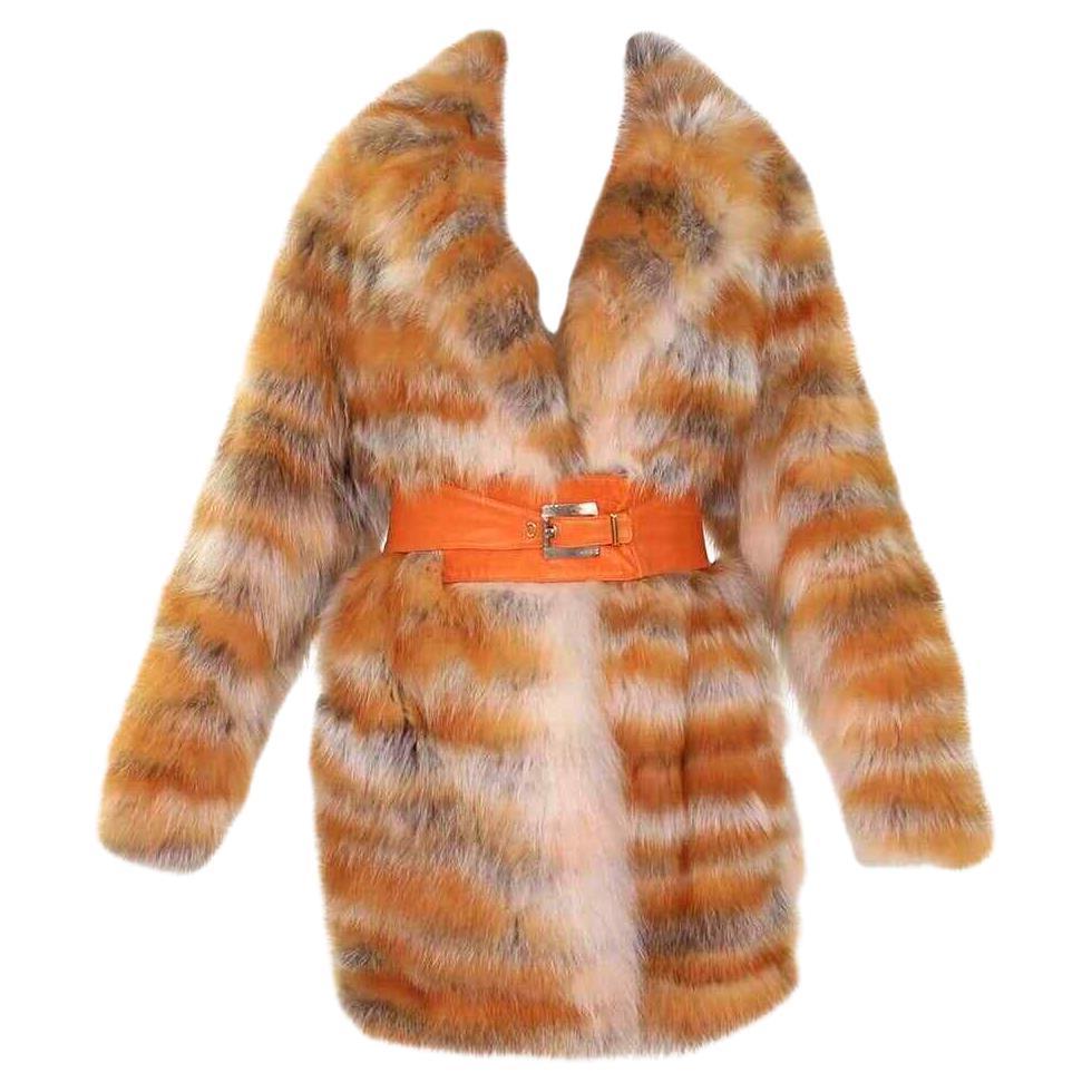Vintage Gianni Versace Couture Red fox fur Coat with leather belt  For Sale