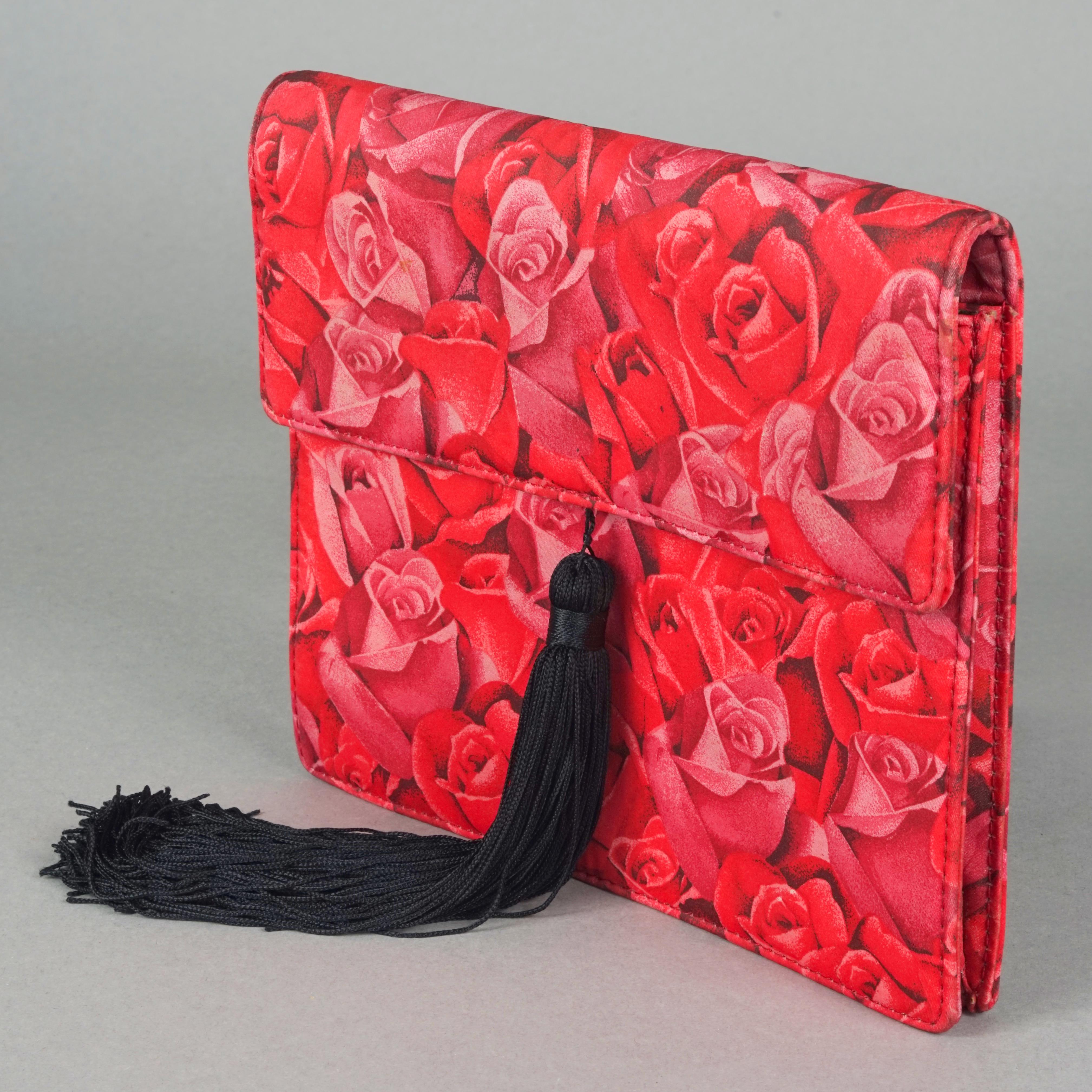 Red Vintage GIANNI VERSACE COUTURE Rose Print Silk Tassel Clutch Bag For Sale