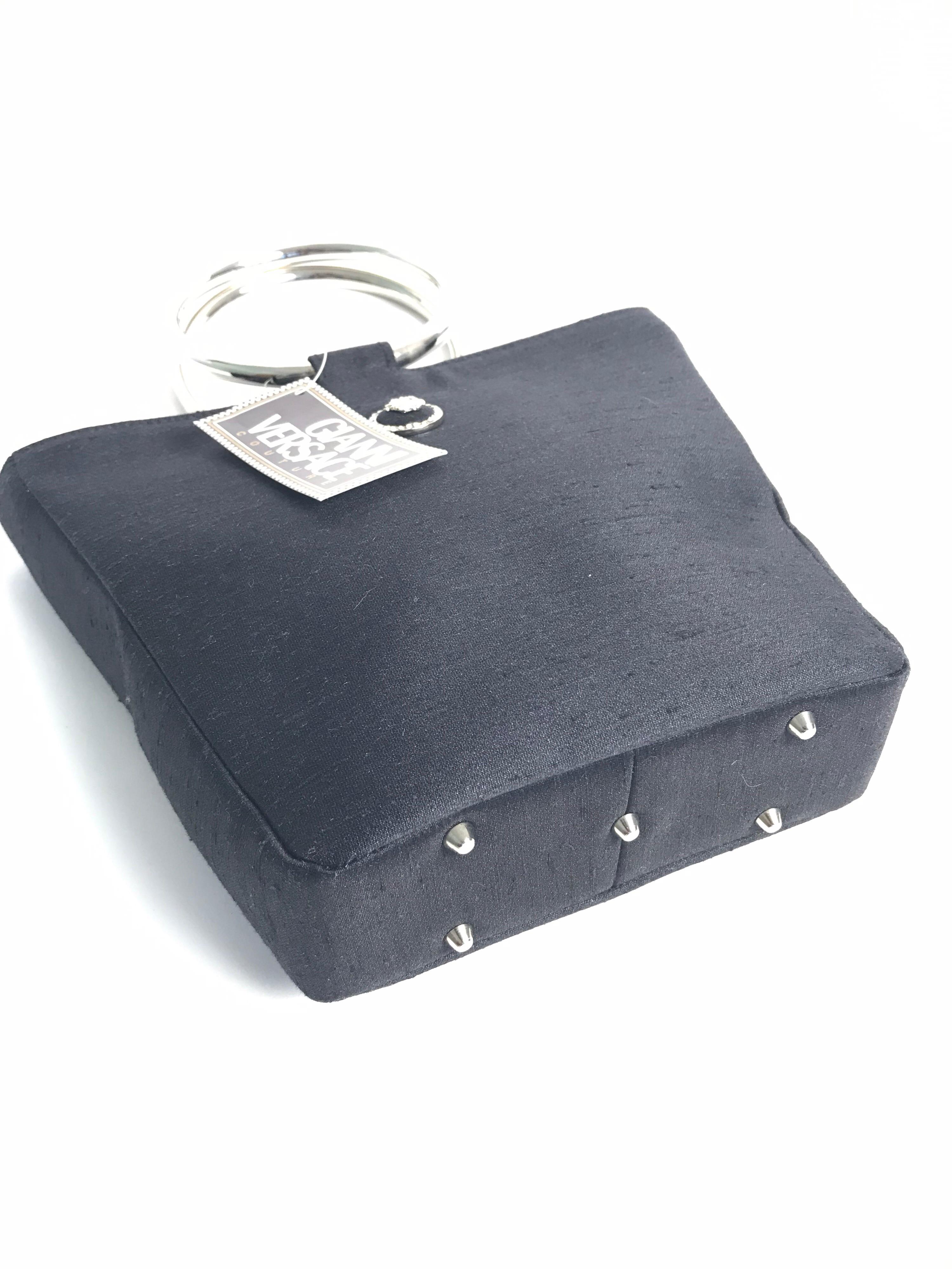 Black Vintage Gianni Versace Couture Top Handle Metal Ring Handbag, 1990s