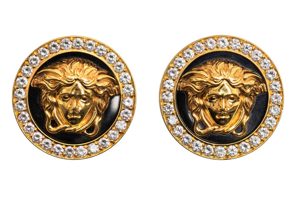 Art Nouveau Medusa Earrings by Gianni Versace 18k Gold, Diamonds, Black Enamel, Italian 1980 For Sale