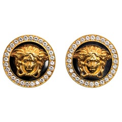 Retro Medusa Earrings by Gianni Versace 18k Gold, Diamonds, Black Enamel, Italian 1980