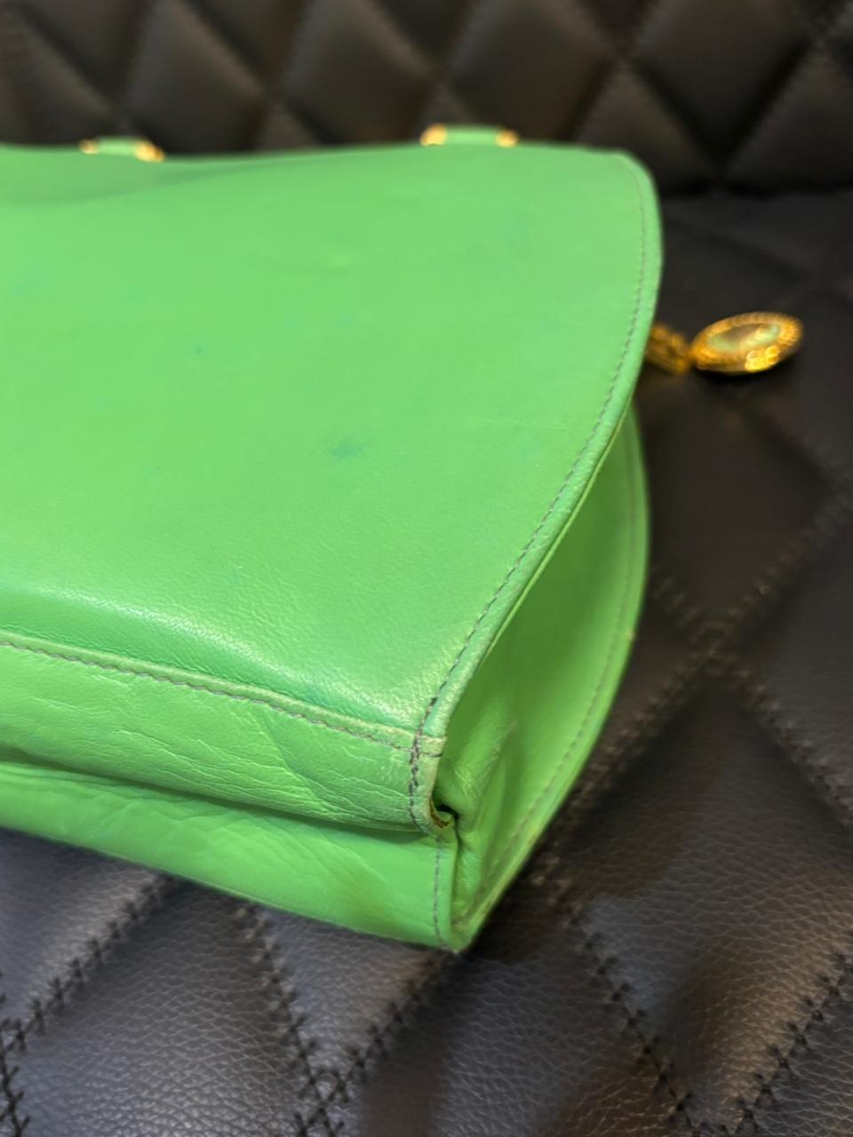 Vintage Gianni Versace Green Leather Medusa Handle Round Tote For Sale 6