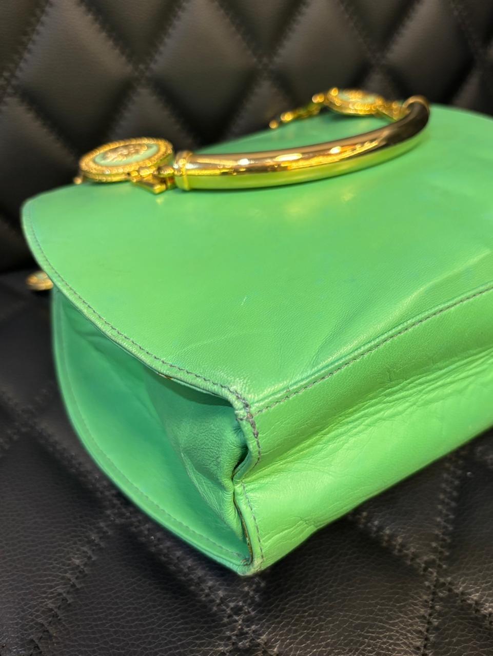 Vintage Gianni Versace Green Leather Medusa Handle Round Tote For Sale 9