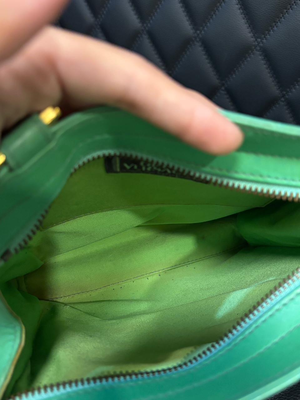 Vintage Gianni Versace Green Leather Medusa Handle Round Tote For Sale 10