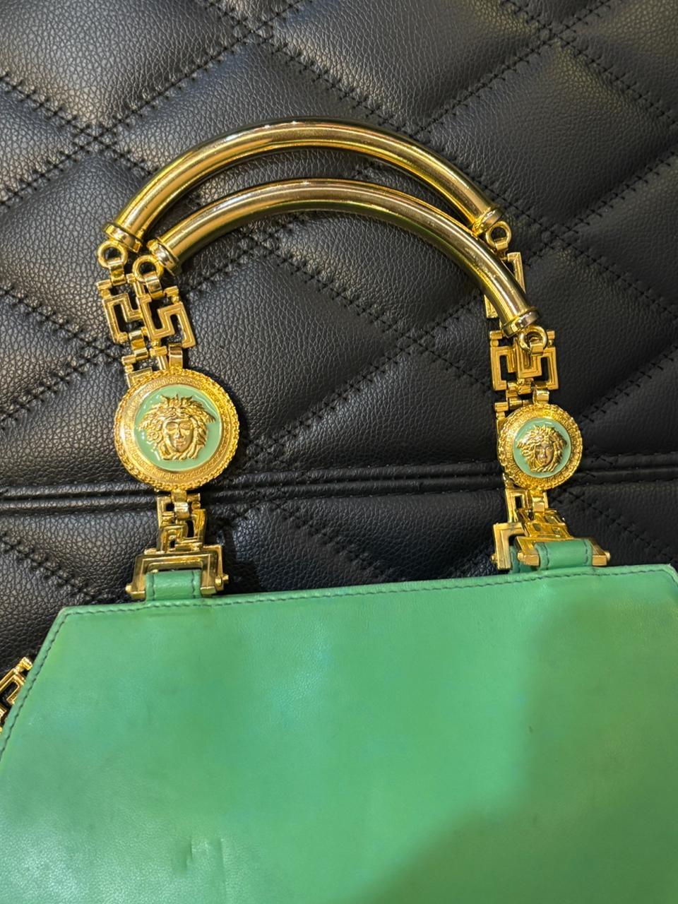 Vintage Gianni Versace Green Leather Medusa Handle Round Tote For Sale 1