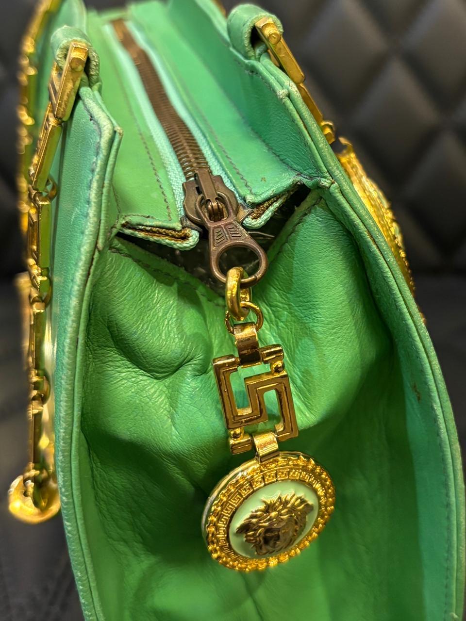 Vintage Gianni Versace Green Leather Medusa Handle Round Tote For Sale 3