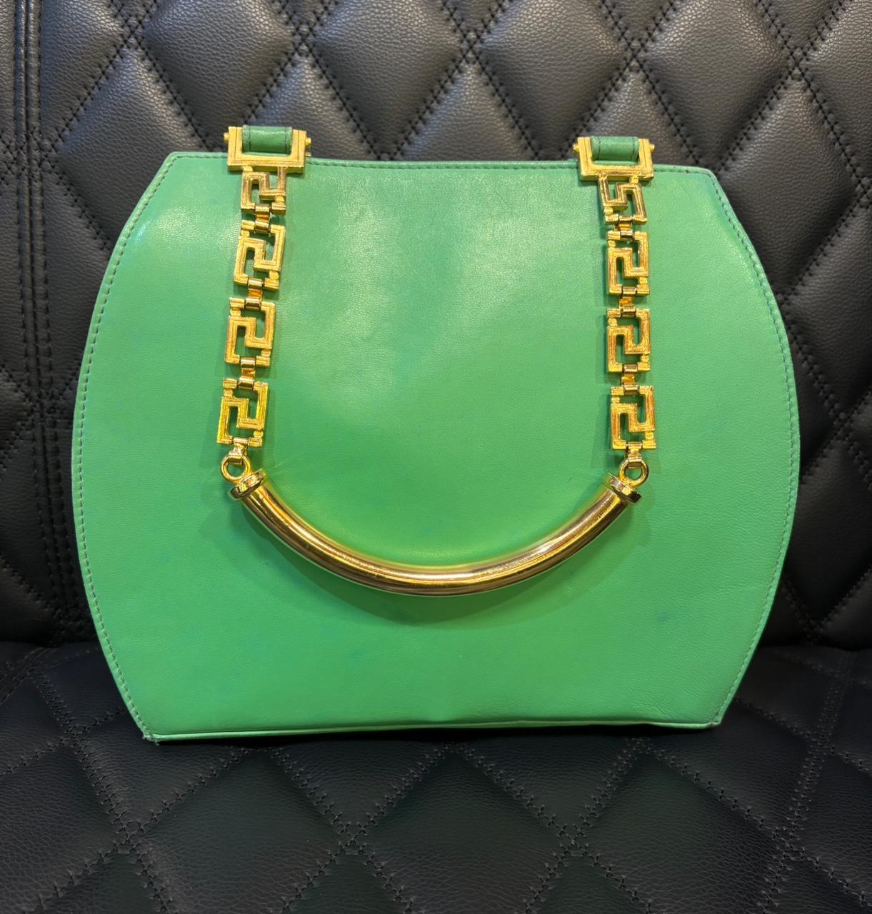 Vintage Gianni Versace Green Leather Medusa Handle Round Tote For Sale 4
