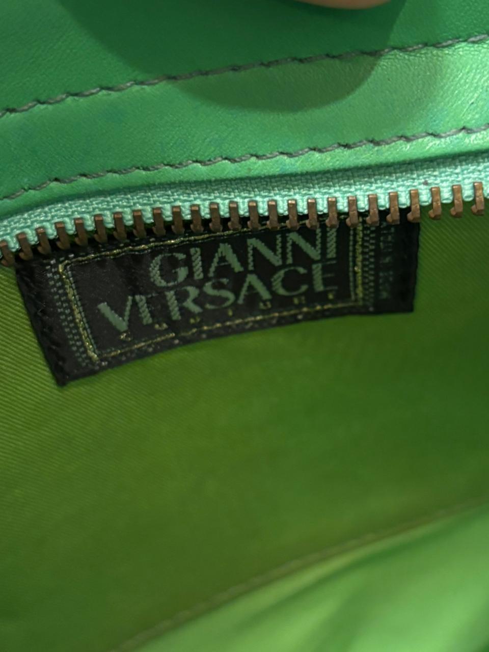 Vintage Gianni Versace Green Leather Medusa Handle Round Tote For Sale 5