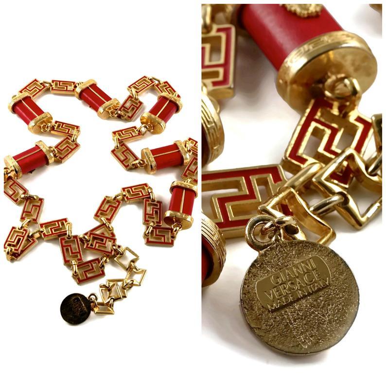 Women's Vintage GIANNI VERSACE Iconic Medusa Red Leather Enamel Chain Medallion Necklace
