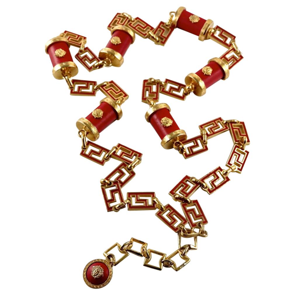 Vintage GIANNI VERSACE Iconic Medusa Red Leather Enamel Chain Medallion Necklace
