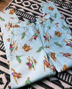Vintage Gianni Versace Jeans Couture 1990's Blue High Waisted Monkey Print Jeans
