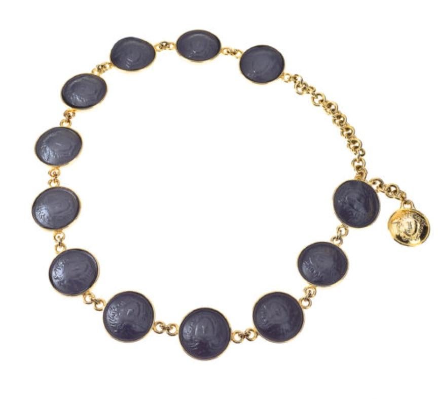 Women's Vintage gianni versace leather black/gold medusa belt/necklace For Sale