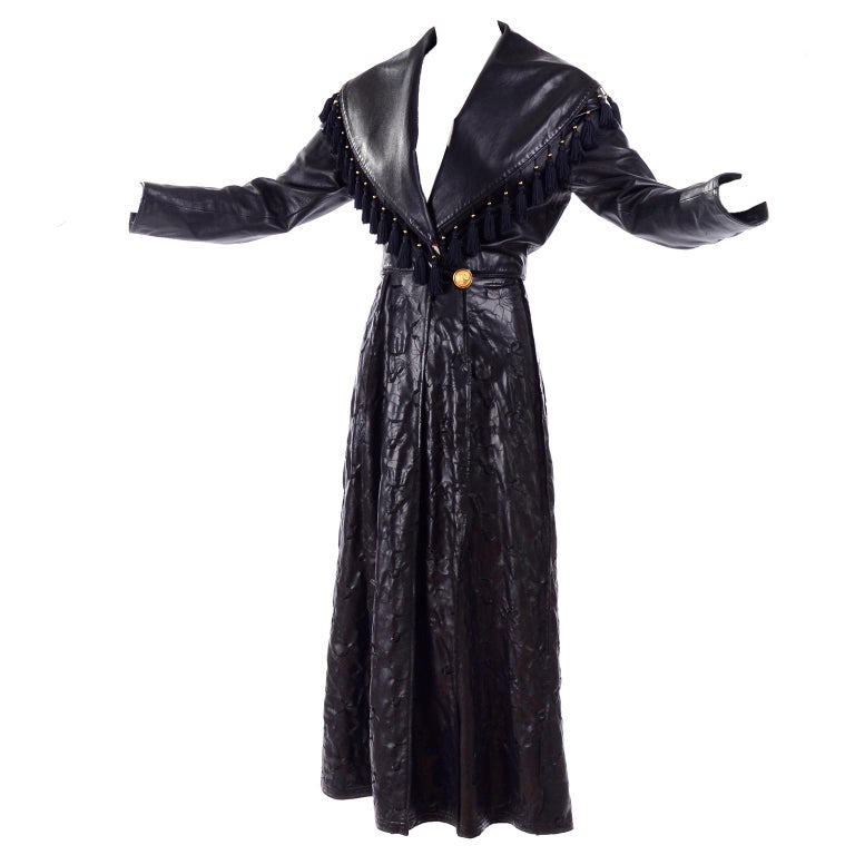 Vintage Gianni Versace Leather Coat With Tassels And Silk Scarf Print Lining At 1stdibs Coat With Tassels