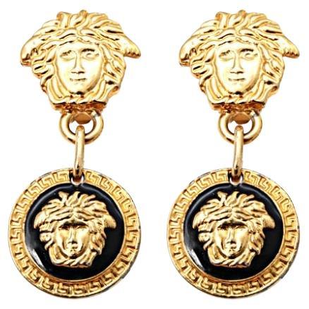 Vintage Gianni Versace Iconic Medusa Earrings Black and Gold