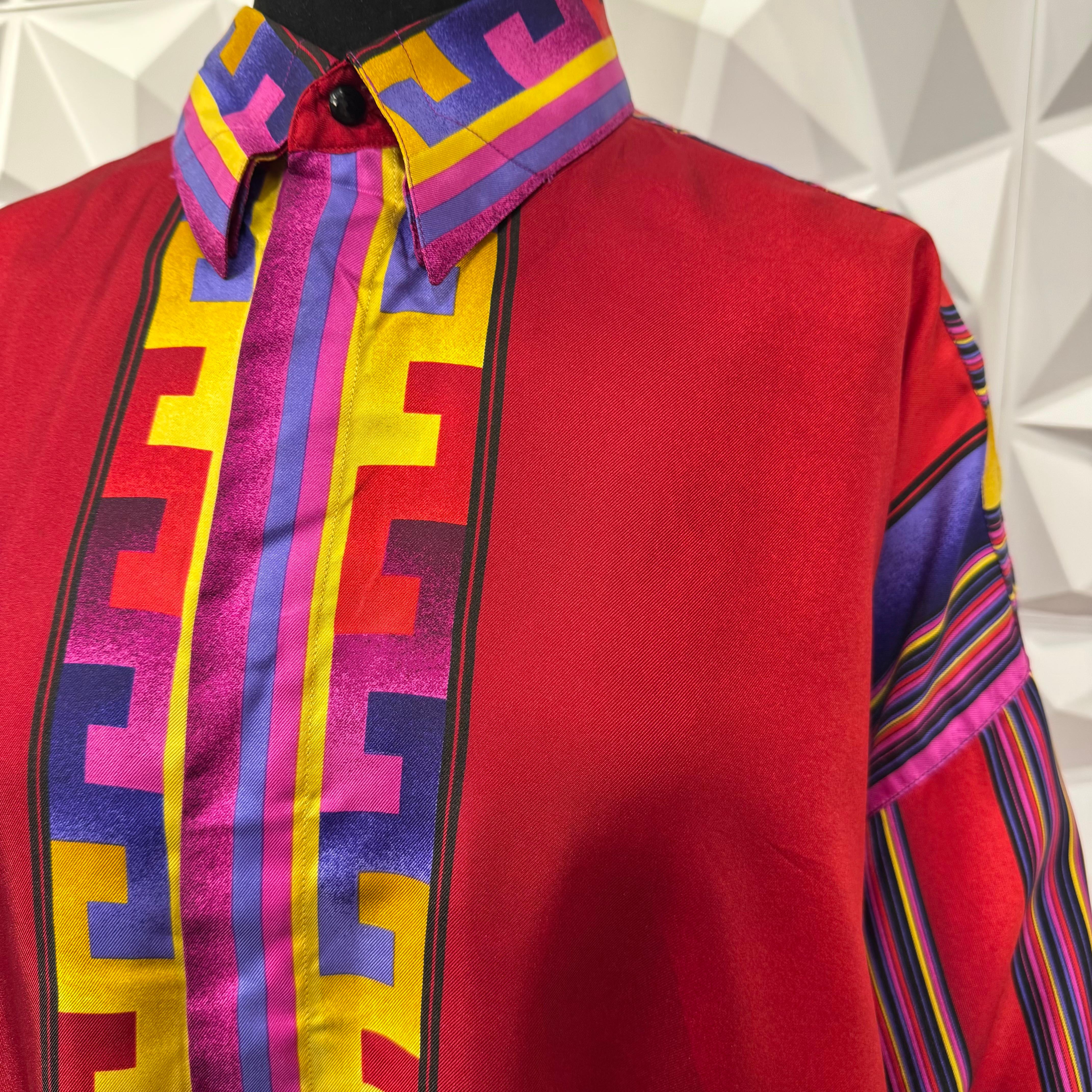 Vintage Gianni Versace Multicolor Silk Tribal Stripe Shirt For Sale 1