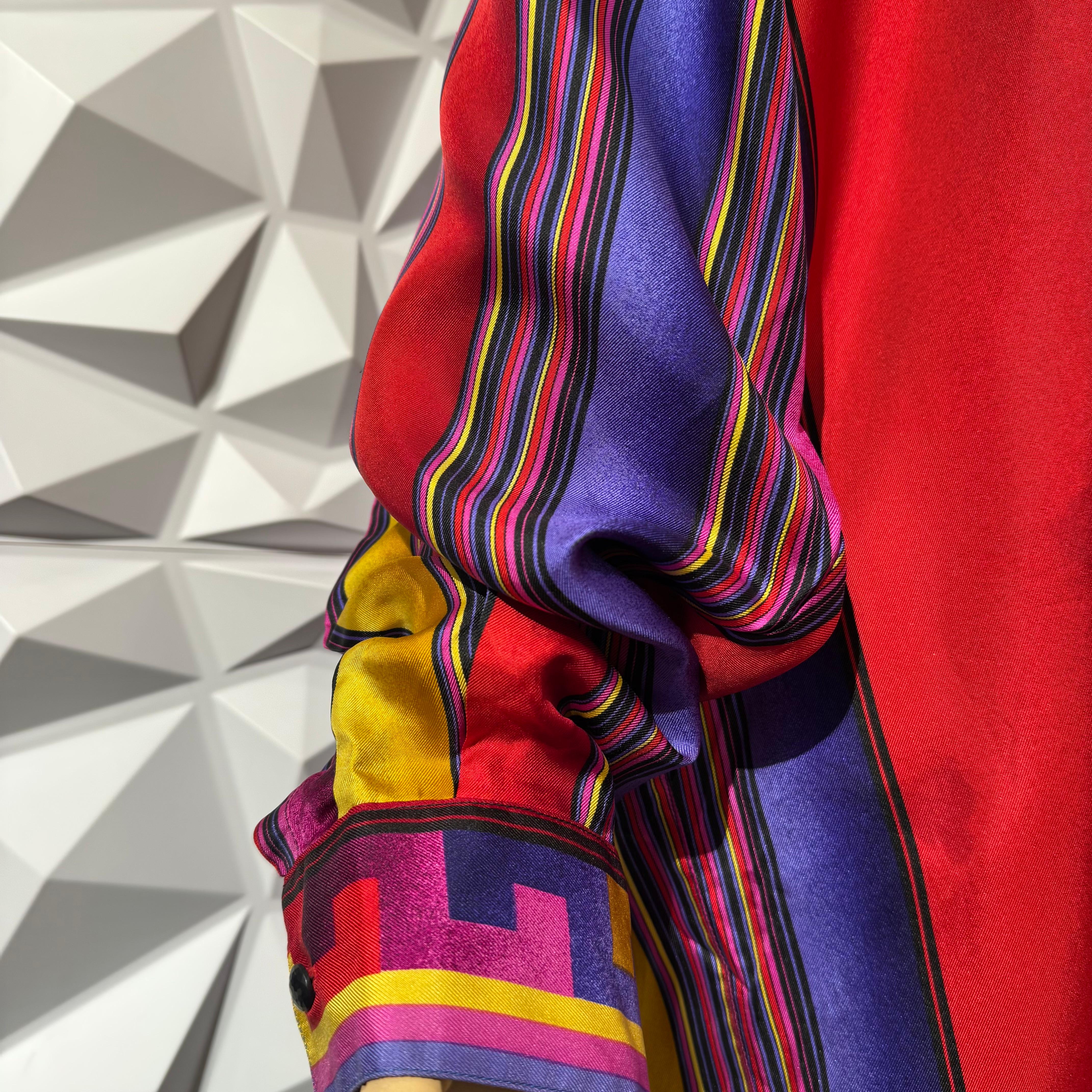 Vintage Gianni Versace Multicolor Silk Tribal Stripe Shirt For Sale 2