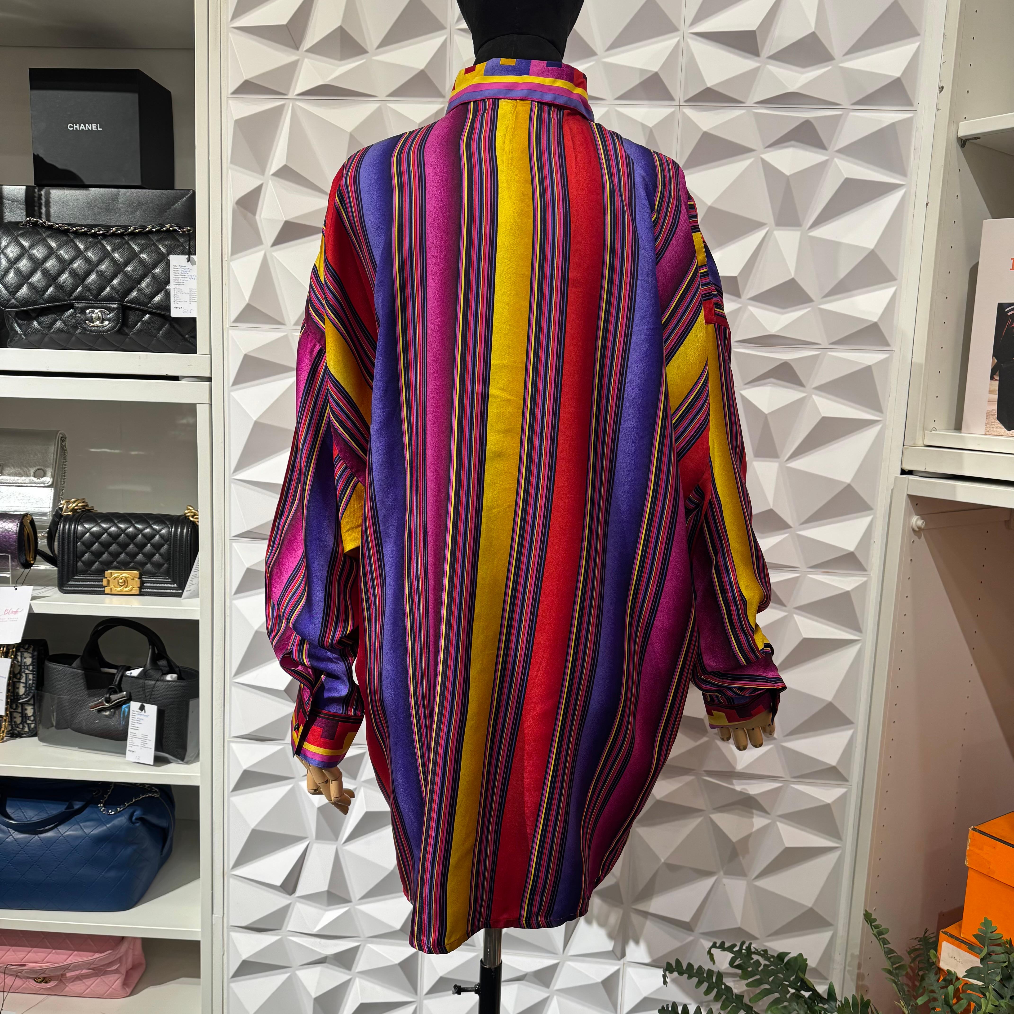 Vintage Gianni Versace Multicolor Silk Tribal Stripe Shirt For Sale 3