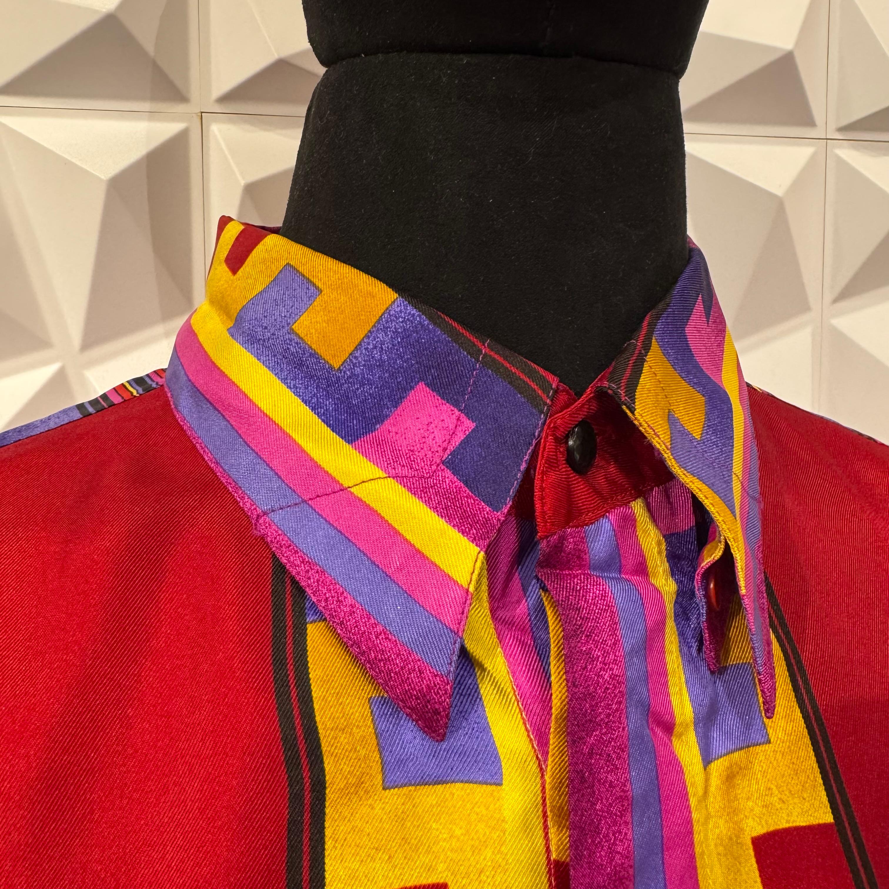 Vintage Gianni Versace Multicolor Silk Tribal Stripe Shirt For Sale 4