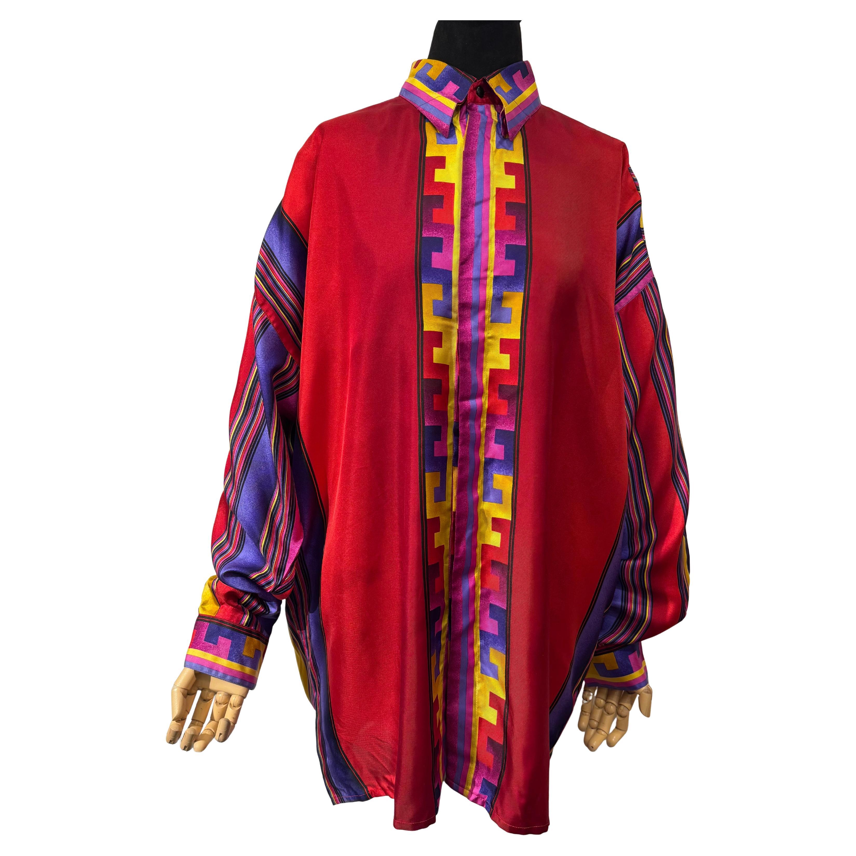 Vintage Gianni Versace Multicolor Silk Tribal Stripe Shirt For Sale