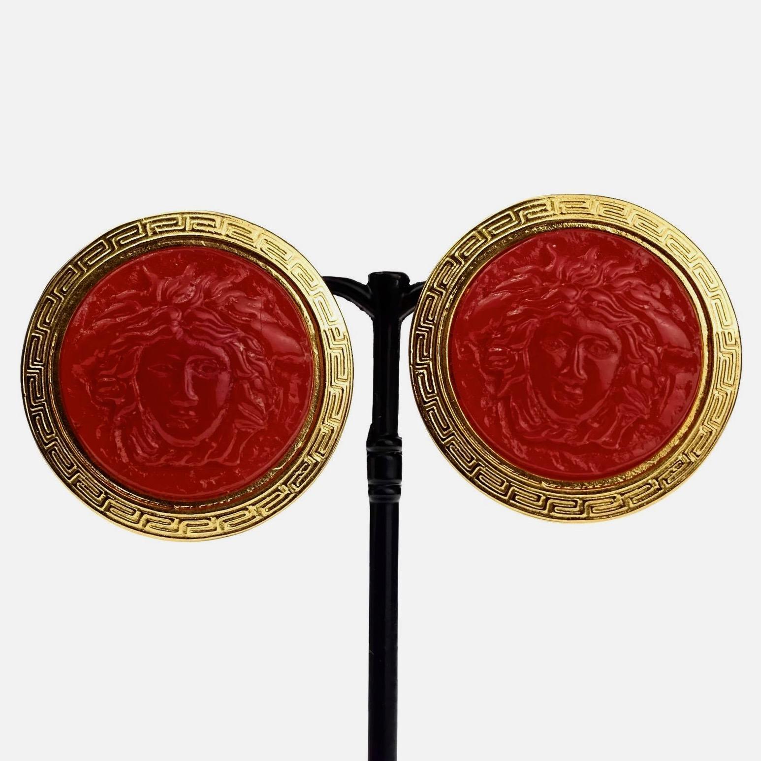 Women's Vintage GIANNI VERSACE Red Medusa Greek Keys Medallion Disc Earrings For Sale