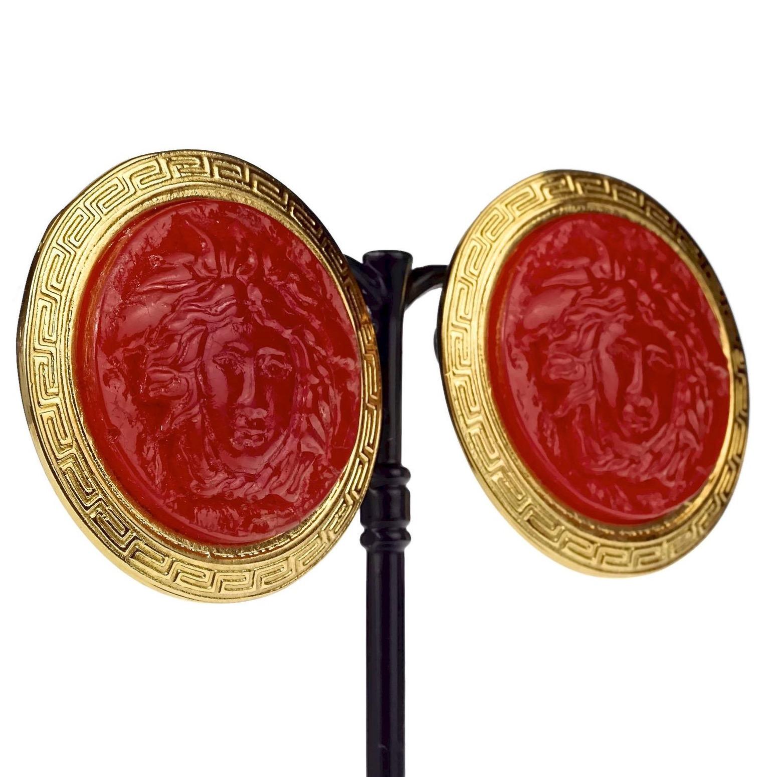 Vintage GIANNI VERSACE Red Medusa Greek Keys Medallion Disc Earrings For Sale 1