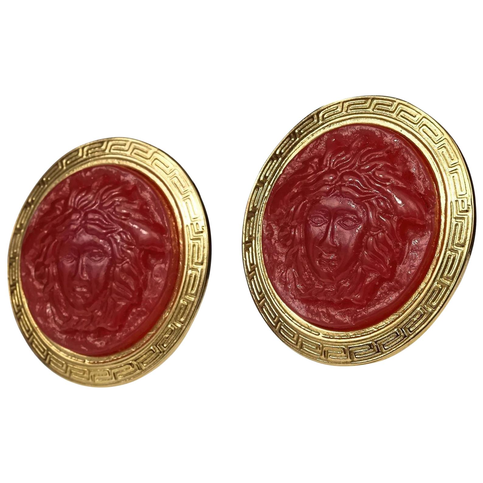 Vintage GIANNI VERSACE Red Medusa Greek Keys Medallion Disc Earrings For Sale