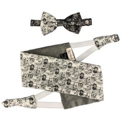 Vintage GIANNI VERSACE Silver & Black Jacquard Silk Cummerbund & Bow Tie Set