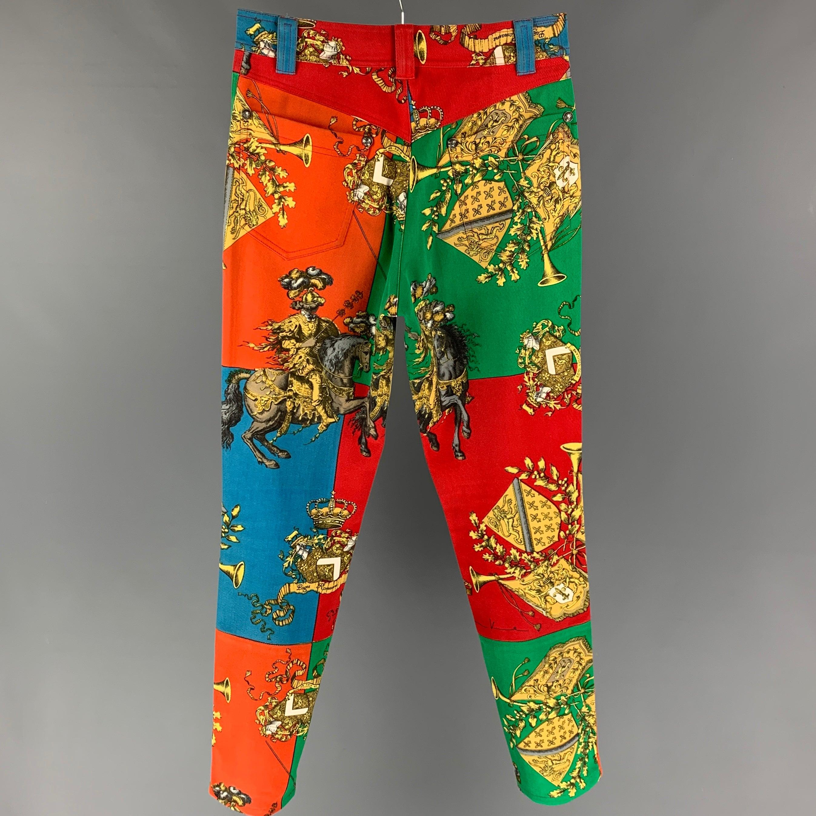Vintage GIANNI VERSACE pants comes in a multi-color print cotton / nylon featuring a skinny fit, silver tone medusa head buttons, and a zip fly closure. Made in Italy.
Very Good
Pre-Owned Condition. 

Marked:   44 

Measurements: 
  Waist: 28 inches