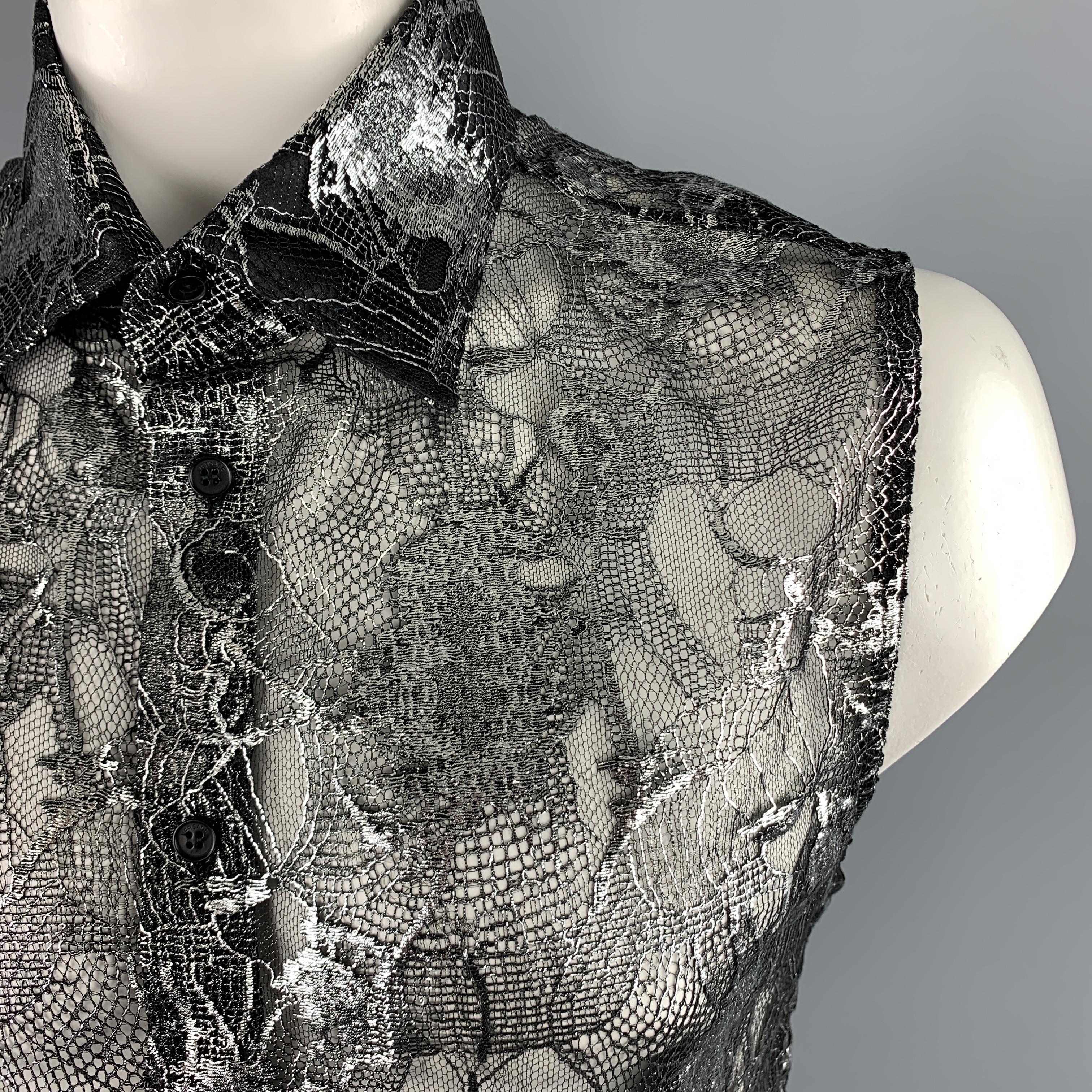 Vintage GIANNI VERSACE Size XXL Silver & Black Lace Silk Blend Button Up  In Excellent Condition In San Francisco, CA