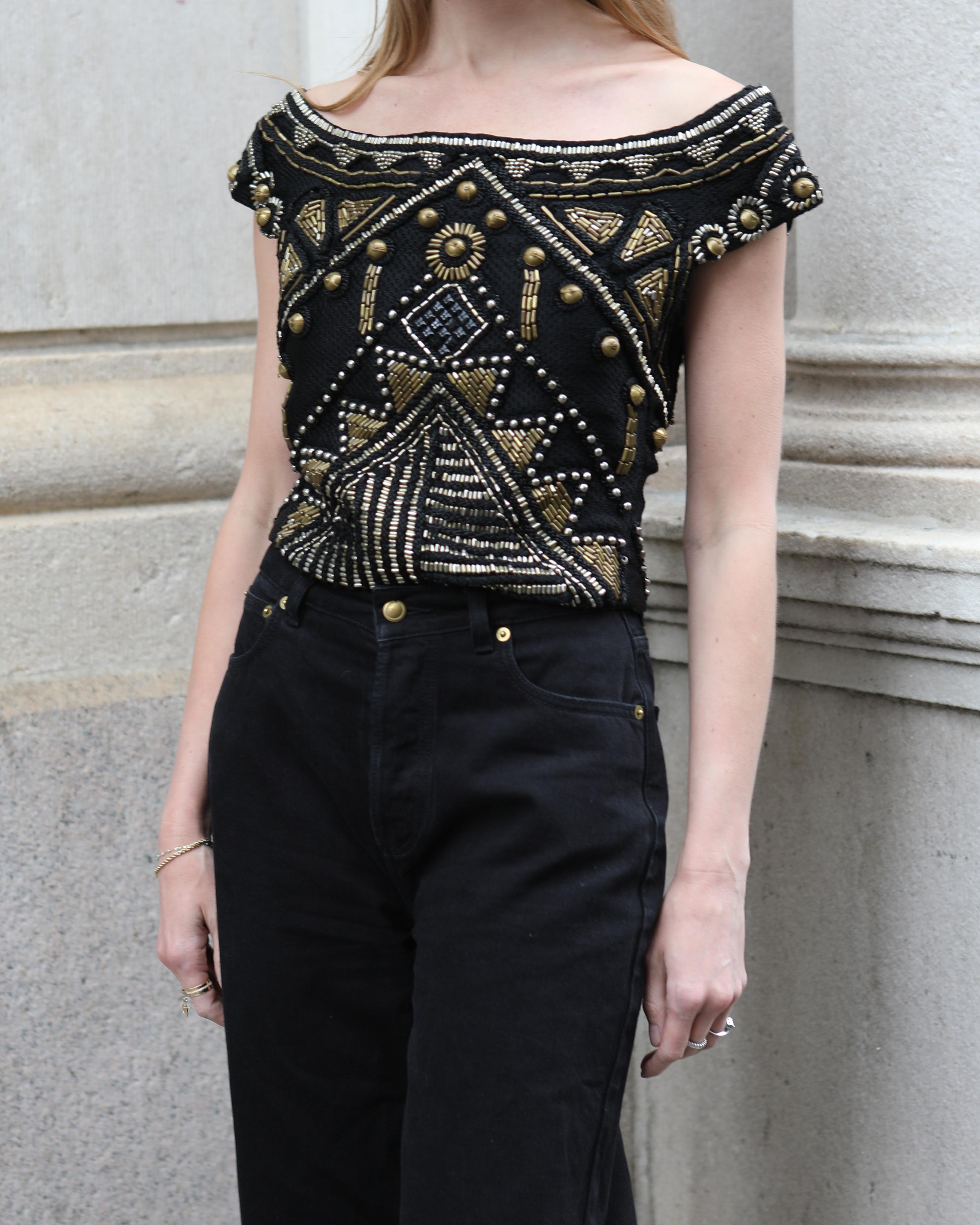 Black Vintage Gianni Versace Spring 1990 Embellished Top