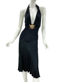 Vintage Gianni Versace SS 2005 Runway Plunging Halter Gold Medusa Dress 44 US 10
