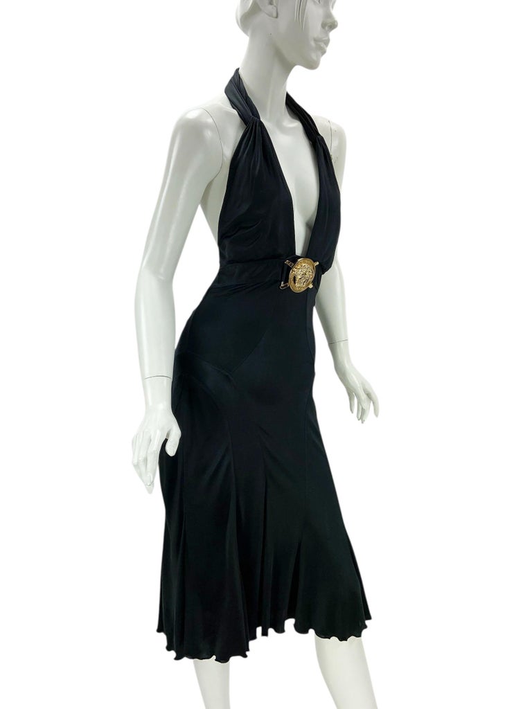 Vintage Gianni Versace SS 2005 Runway Plunging Halter Gold Medusa Dress 44  US 10