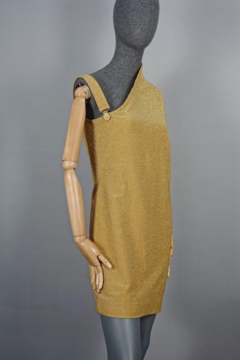 Brown Vintage GIANNI VERSACE VERSUS Asymmetric Shoulder Lurex Gold Metallic Dress For Sale
