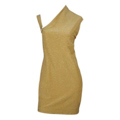 Vintage GIANNI VERSACE VERSUS Asymmetric Shoulder Lurex Gold Metallic Dress