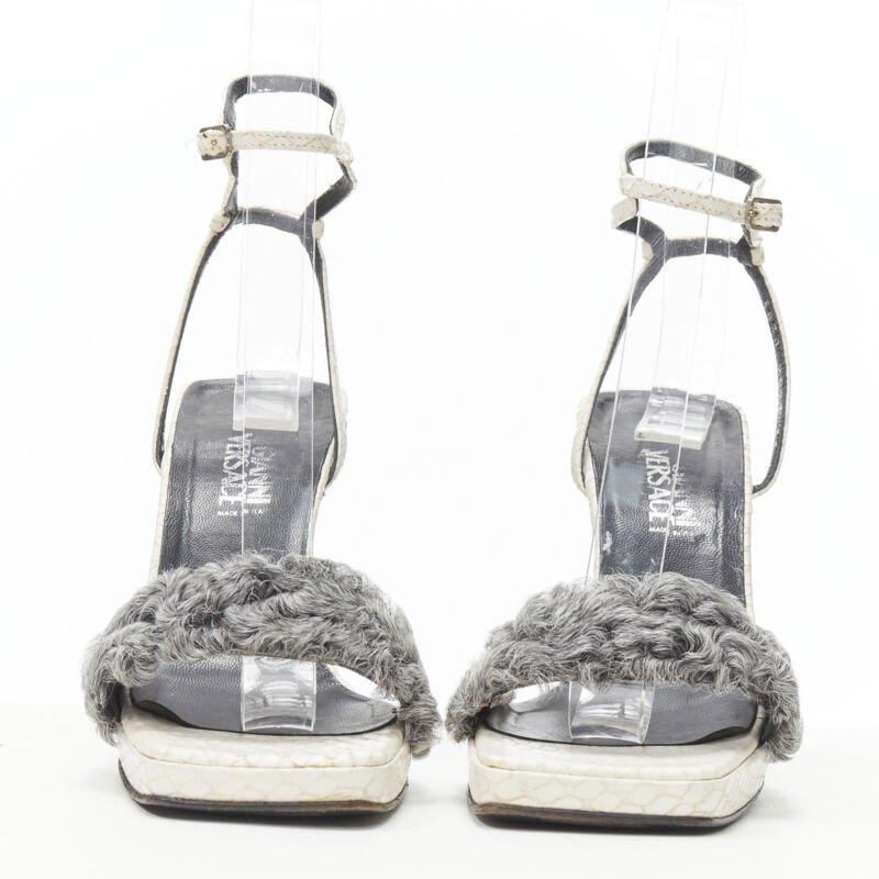 Gray vintage GIANNI VERSACE white grey shearling ankle strap cone heel sandal EU36 For Sale